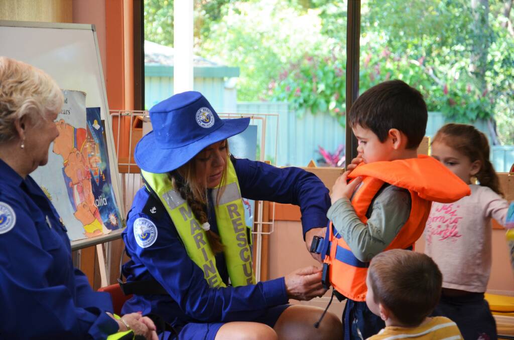 Marine Rescue Volunteers Muriel Bennett and Brook Mason at Hastings Preschool & Long daycare Centre. Photo: Ruby Pascoe
