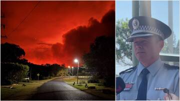 (Left) The Belmore River fire as seen from this photo from Home Street, Hat Head. Picture by Greg Stoneham and (right) Mid North Coast Police Detective Inspector Peter O'Reilly. Picture by Ruby Pascoe