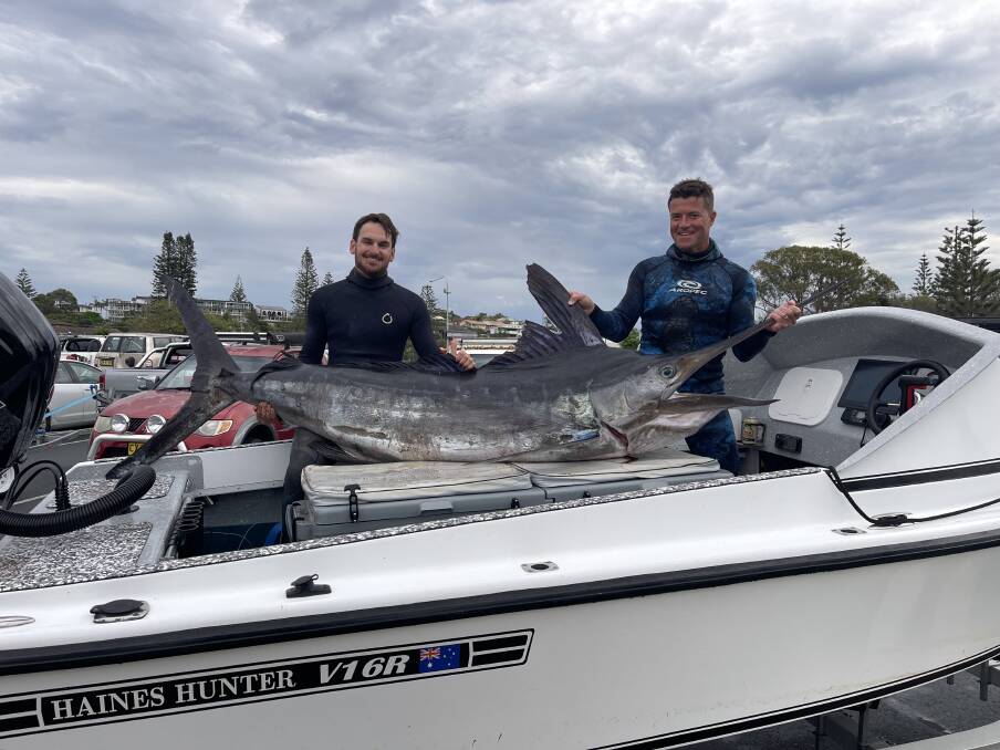 Brodie Thorn and Roland Loumeau with a stunning 105kg Striped Marlin. Picture, supplied
