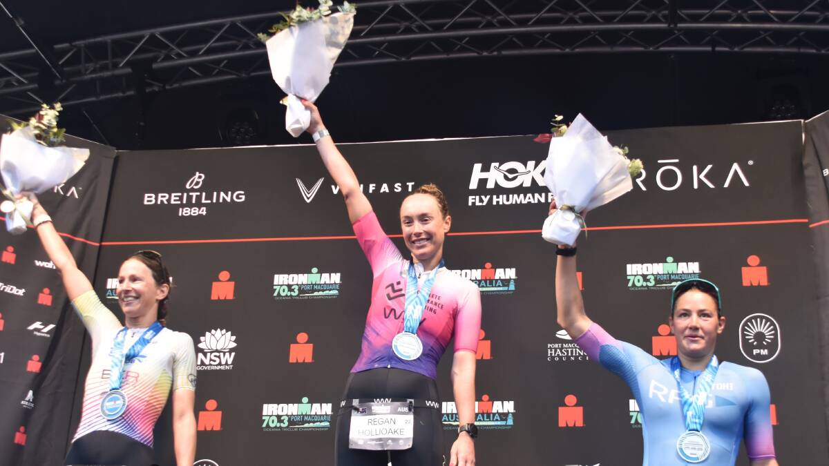 Regan Hollioake (centre) was the first woman across the finish line, followd by Radka Kahlefeldt (left) and Kate Gillespie-Jones (right). Picture by Ruby Pascoe