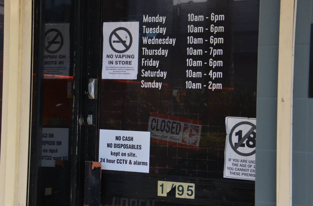 The entrance to a Port Macquarie store selling vapes displays age restrictions. Picture by Ruby Pascoe