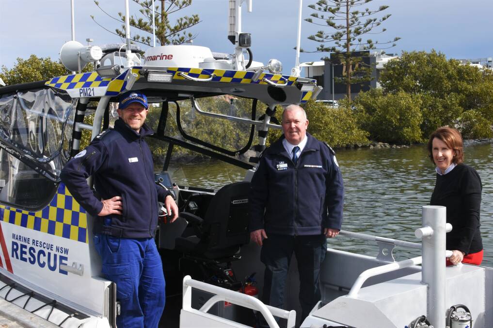 Boating boost: Marine Rescue NSW fleet manager Kelvin Parkin, Marine Rescue regional operations manager Randall Gawne with Member for Port Macquarie Leslie Williams on board Port Macquarie 21.