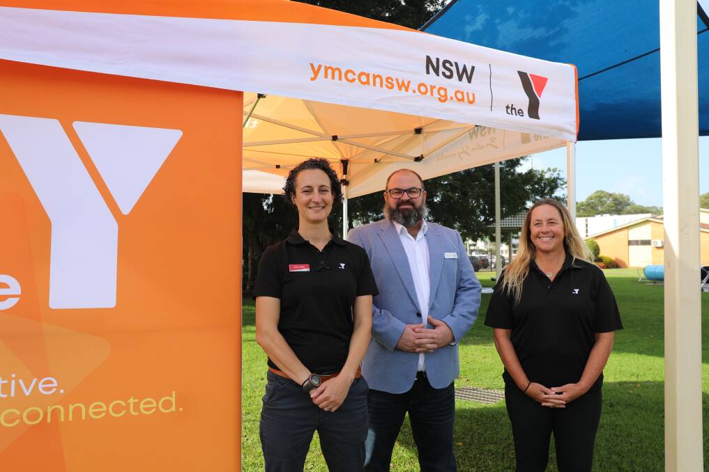 Y NSW area manager for recreation and camps Alisa Wells, Port Macquarie Hastings deputy mayor Adam Roberts and Port Macquarie Olympic Pool centre manager Jodie Buttsworth. Photo: Supplied
