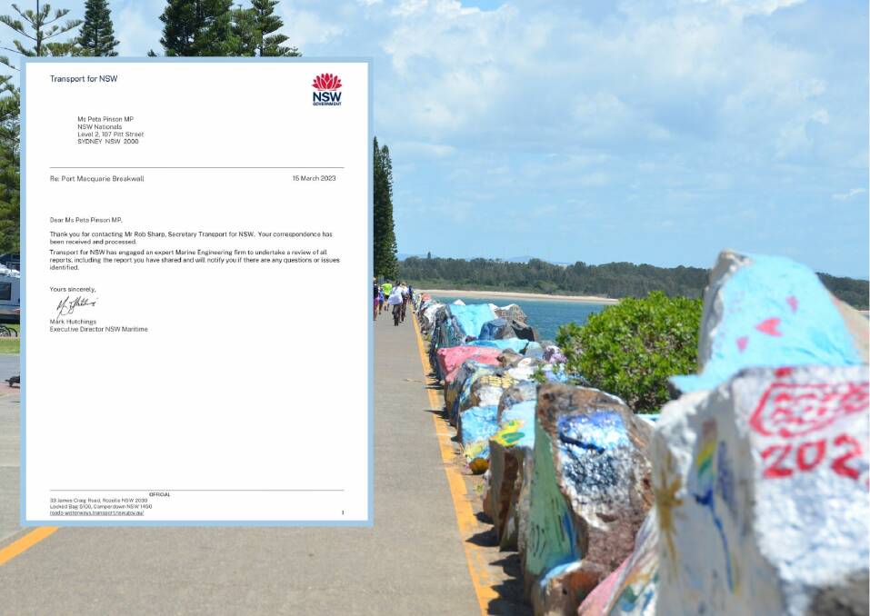 TfNSW is undertaking further internal project development reviews on the upgrade to the Port Macquarie Southern Breakwall. Background Picture by Ruby Pascoe, letter supplied by Save Our Breakwall