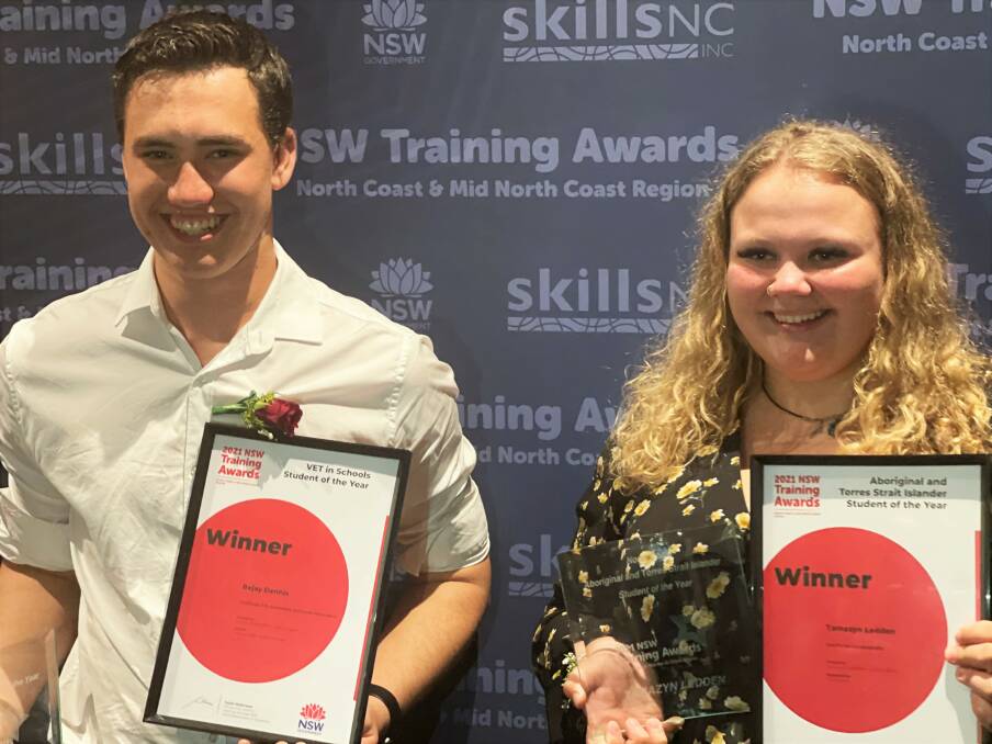 Hard work: Year 12 Senior Technical College students Bejay Dennis and Tamazyn Ledden at the NSW Training Awards. Photo: Supplied