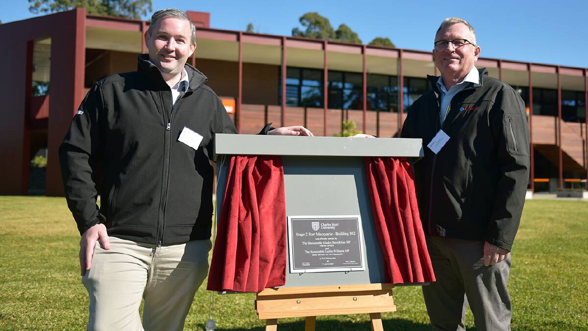 Lahey Constructions project manager for the Charles Sturt University project Bill Maley (right) and Lahey Contracts administrator Ken Foran at the expansion project's official opening.