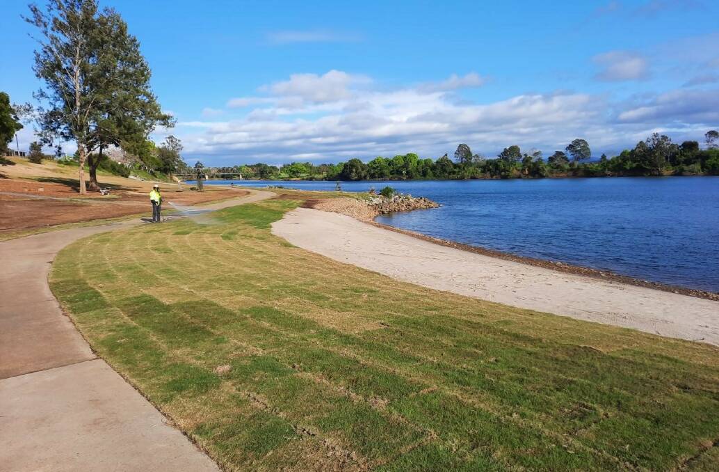 Flood repairs: New turf is in place in a section of Rocks Ferry Reserve after the flood. Photo: Port Macquarie-Hastings Council