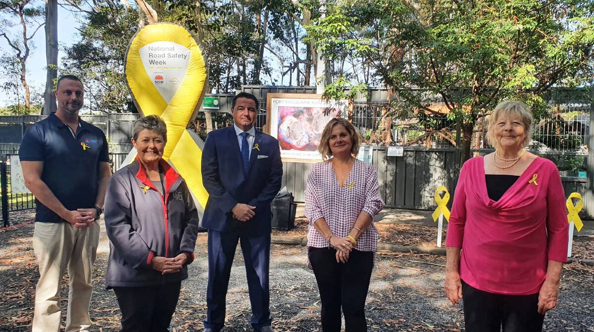 Important message: Dan Champness from Transport for NSW, Koala Conservation Australia president Sue Ashton, Cowper MP Pat Conaghan, Anna Zycki from Transport for NSW and deputy mayor Lisa Intemann promote National Road Safety Week.