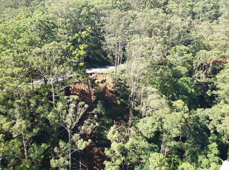 Comboyne Road sustained extensive damage. Comboyne Road, from Hartys Creek to Stennets Road, remains closed. Photo: Port Macquarie-Hastings Council
