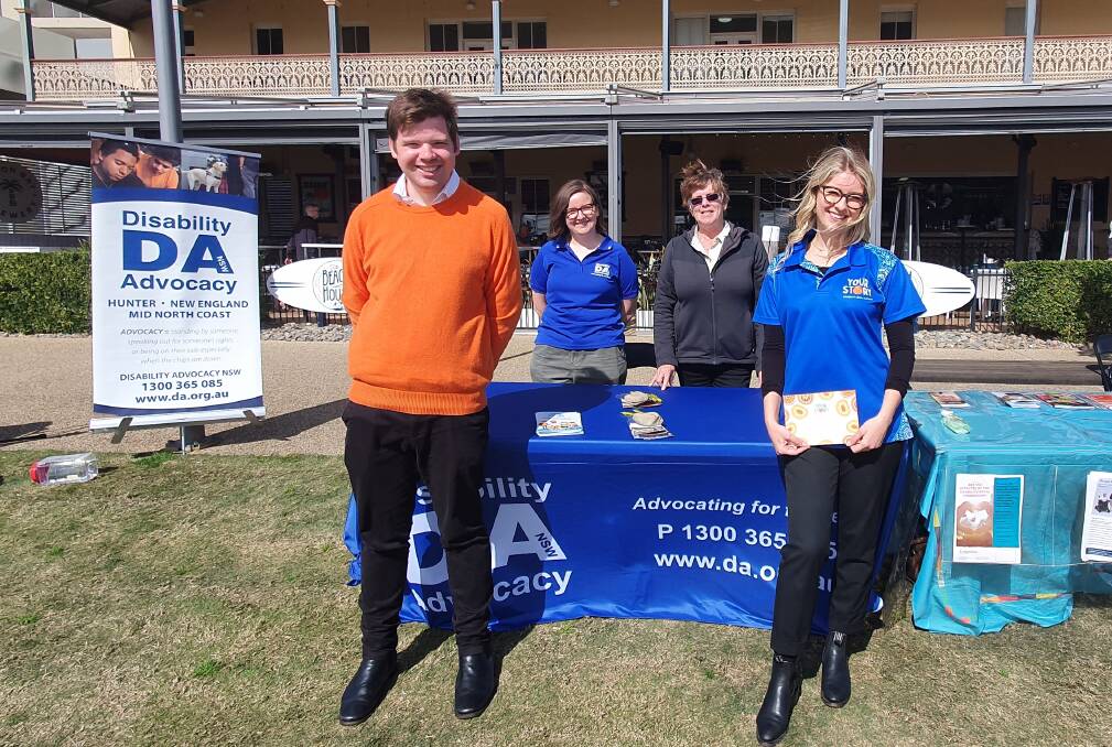 Jack Anderson from Your Story Disability Legal Support, Disability Advocacy's Mel Lawrence, Bernadette Mears from Interrelate and Your Story Disability Legal Support's Georgina Davey promote the information day on the Town Green. Picture by Lisa Tisdell