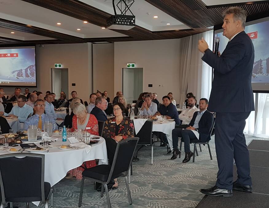 Insights: Social commentator and demographer Bernard Salt addresses the 185-strong crowd at the Port Macquarie Chamber of Commerce boardroom lunch.