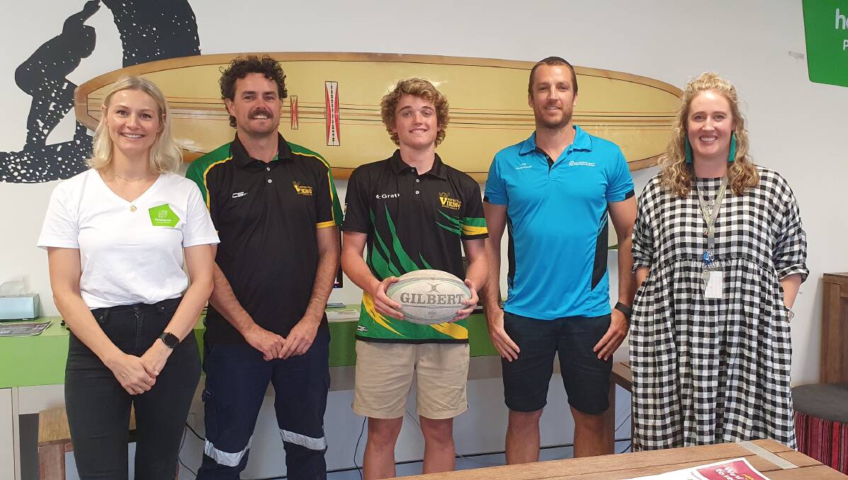 Increasing awareness: Headspace community engagement officer Jules Jamieson, Hastings Valley Vikings Rugby Union Club president David Barnes, sports sponsorship package recipient Jayden Huxley, Guy Terkelsen from Hastings Physio and Health and headspace volunteer Lauren McAllister support the Active Bodies, Healthy Minds Mid North Coast Program.