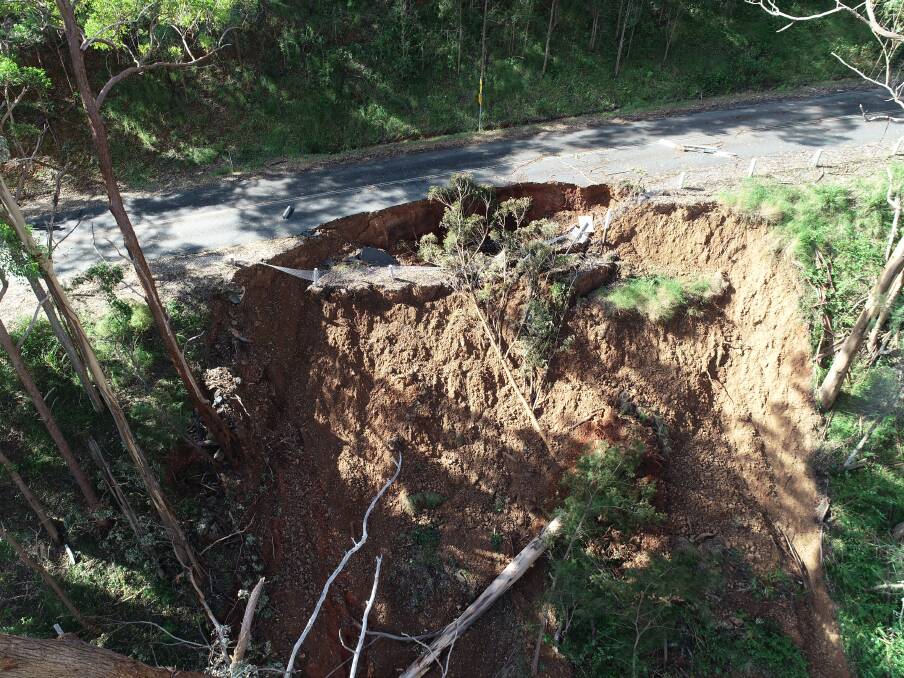 A large chunk is missing from Comboyne Road. Photo: Port Macquarie-Hastings Council