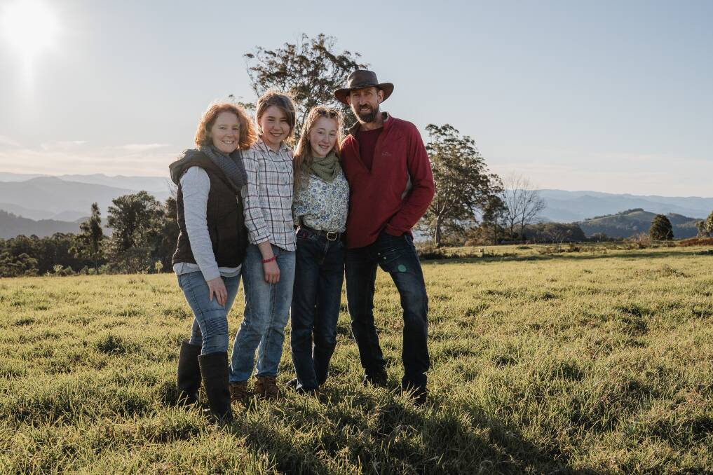 Rebecca, Skye, Miah and Peter Armstrong from Grazed and Grown Farm look after the land with regenerative farming techniques. Photo: Lee Hancock, Freelance film & stills