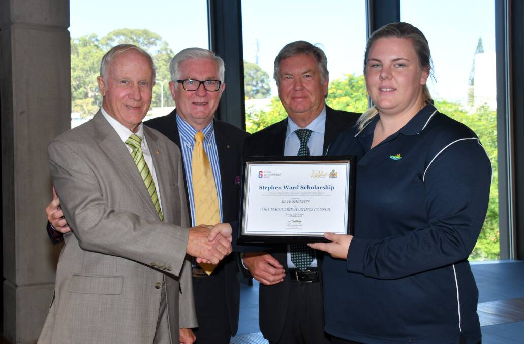 AR Bluett Memorial Award trustees Allan Ezzy, Graham Fleming, and Les McMahon with Port Macquarie-Hastings Council’s Kate Shelton. Kate jointly won the Stephen Ward Scholarship.