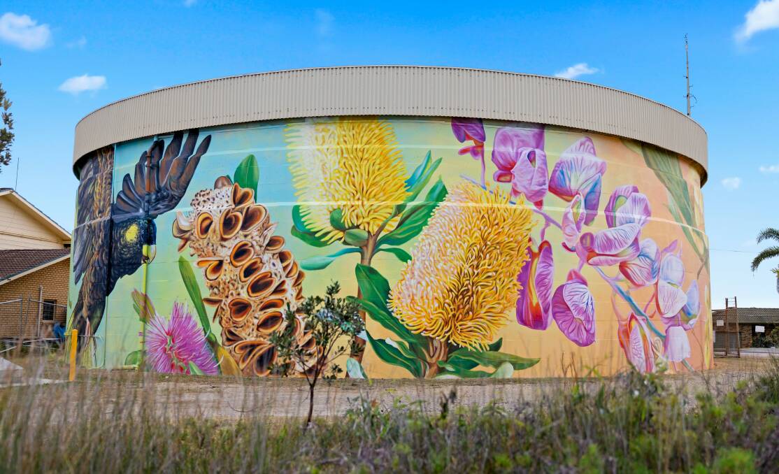 Flora and fauna inspired a large-scale mural at the Bonny Hills water reservoir. Picture by Lindsay Moller Productions
