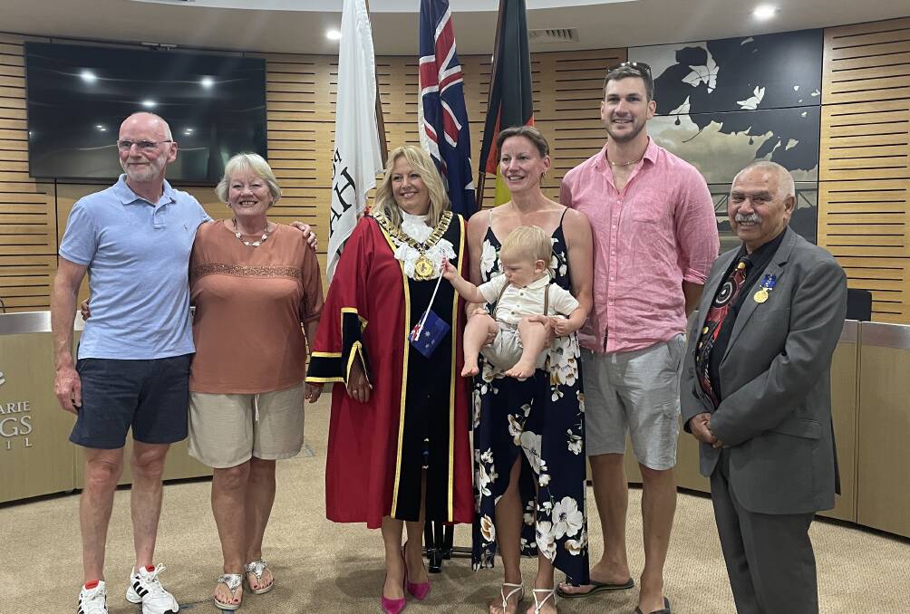 Gary and Susan Gordon, mayor Peta Pinson, new Australian citizen Tara Gordon, with her son Charles, Mitchell Dawson and Uncle Bill O'Brien at the citizenship ceremony. Picture by Lisa Tisdell