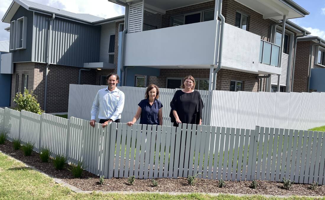 Bernard Pociask from Lahey Constructions, Port Macquarie MP Leslie Williams and Megan Davidson from Community Housing Limited are pleased with the new development to boost social housing. Picture by Lisa Tisdell