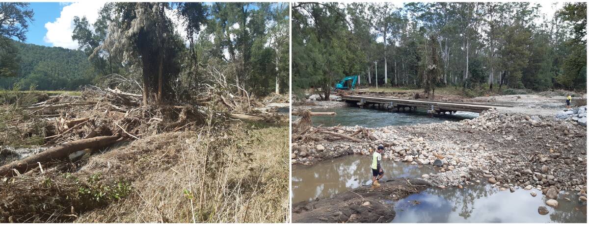 Before and after: Flood debris covers Myhills Bridge at Upper Rollands Plains; and access is restored for residents. Photos: Port Macquarie-Hastings Council