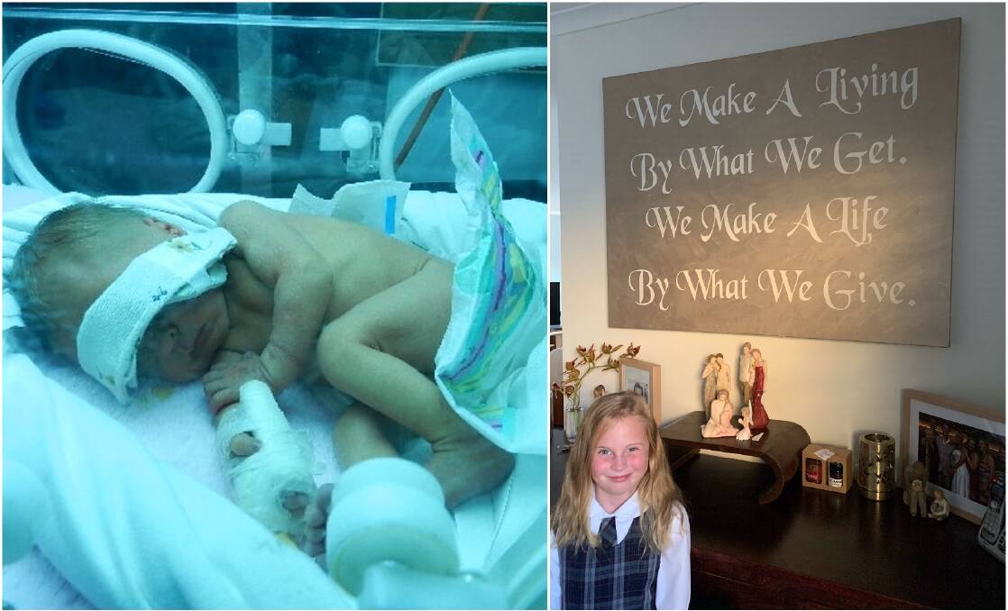 The then newborn Maddi Wren in a humidicrib after her premature birth; and Maddi today is a caring and generous seven-year-old.