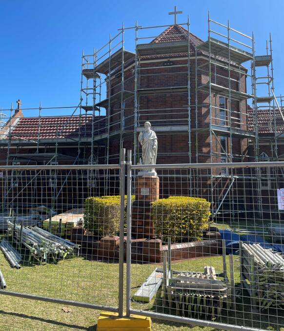 Scaffolding is in place for the roof replacement project. Picture by St Agnes' Catholic Parish