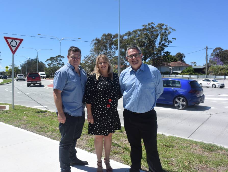 Safer intersection: Nearby business owner Teale Bryan, mayor Peta Pinson and Cr Peter Alley recognise the safety improvements associated with the Hastings River Drive/Newport Island Road roundabout.