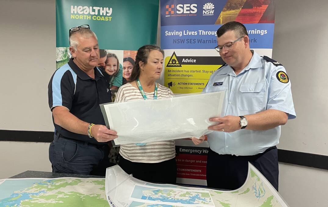 Chris Smith from Garden Village, Healthy North Coast's Bron McCrae and Travis Douglass from the SES take part in the workshop. Picture by Lisa Tisdell