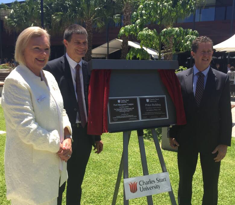 Milestone: Dr Michele Allan, Professor Andrew Vann and Luke Hartsuyker at the official opening of the CSU Port Macquarie Campus and the naming of the Pitkin Building to honour former CSU Deputy Chancellor Kathryn Pitkin.