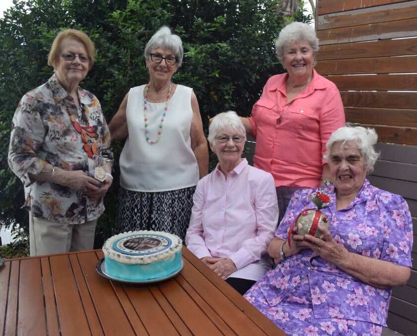 Together again: Robin Robins, Avice Vogel, Joan Young, Jan Lockhart and Julie Frederiksen celebrate the reunion during a lunch at Rivermark Cafe.