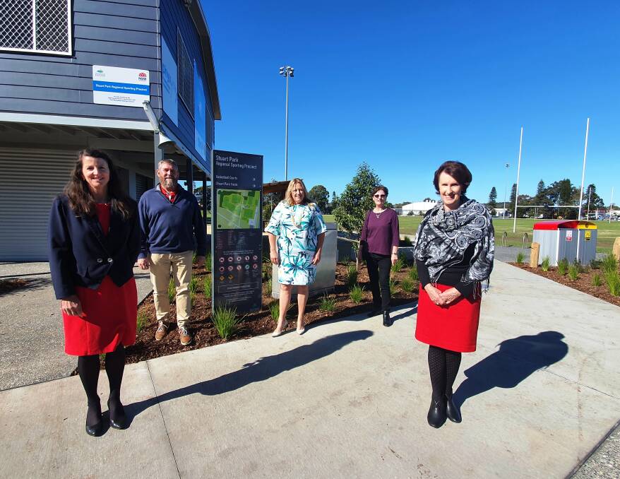 Great project: Cr Sharon Griffiths, Port Macquarie Pirates president Leon Anderson, mayor Peta Pinson, Port Macquarie Pirates supporter Jan Harris and Port Macquarie MP Leslie Williams are impressed with the Stuart Park upgrade.