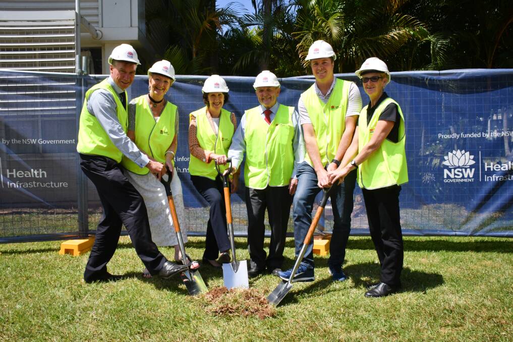 Milestone: Mid North Coast Local Health District chief executive Stewart Dowrick, mental health advocate Sheila (Sam) Openshaw, Parliamentary Secretary for Regional and Rural Health and Port Macquarie MP Leslie Williams, Mid North Coast Local Health District Governing Board chairman Warren Grimshaw, and Michael Daley and Pia Latimer from the Mental Health Consumer Advisory Group turn the first sod on the project.