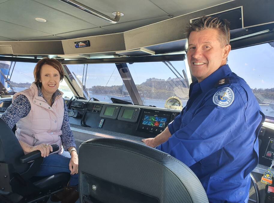Port Macquarie MP Leslie Williams and Marine Rescue NSW Lord Howe Island unit commander Jim McFadyen aboard the refurbished vessel.