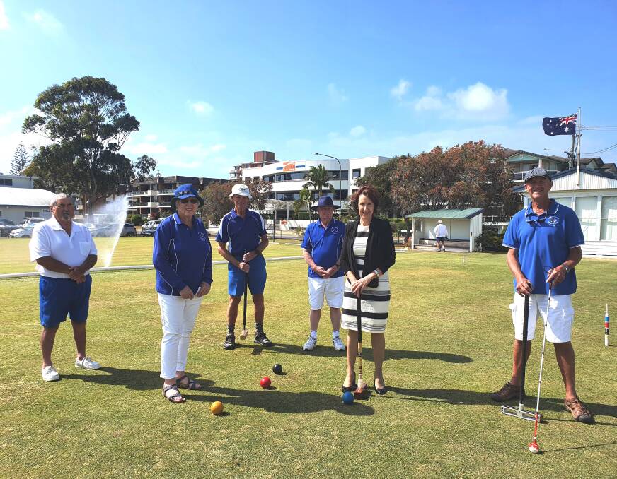 Water wise: Port Macquarie MP Leslie Williams (second from right) and Port Macquarie Croquet Club members Paul Mitchell, Bridget Earle, Trevor Thornton, Tony Holmes and Brian Hardy mark the first use of the club's upgraded irrigation system.