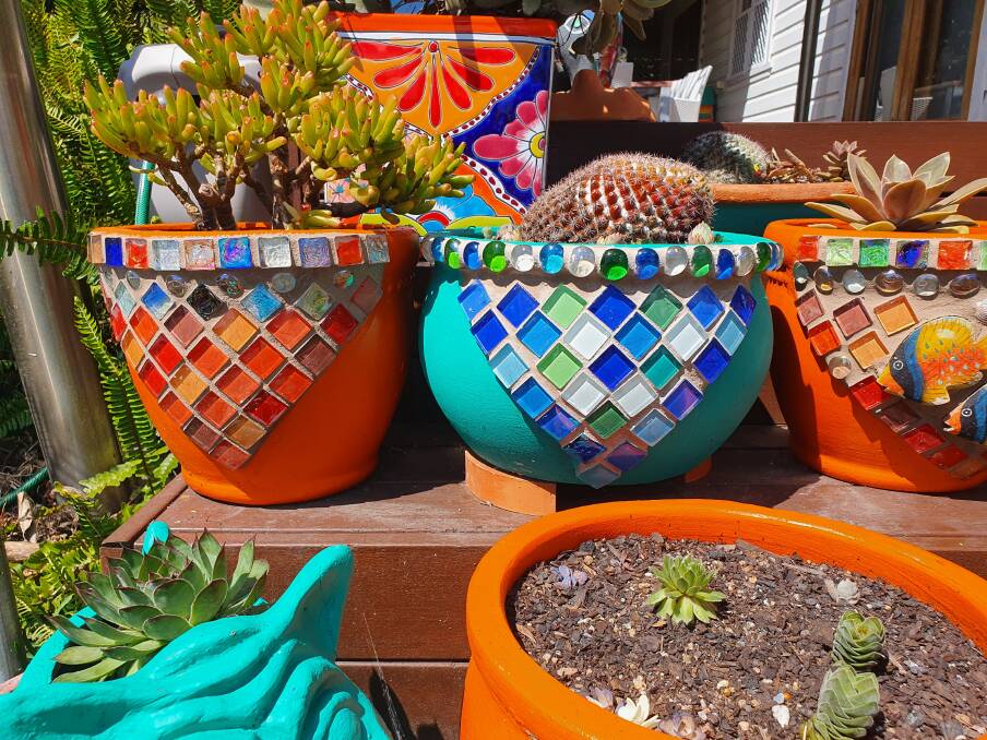 Lovely feature: Succulents grow happily in painted pots with mosaic work.