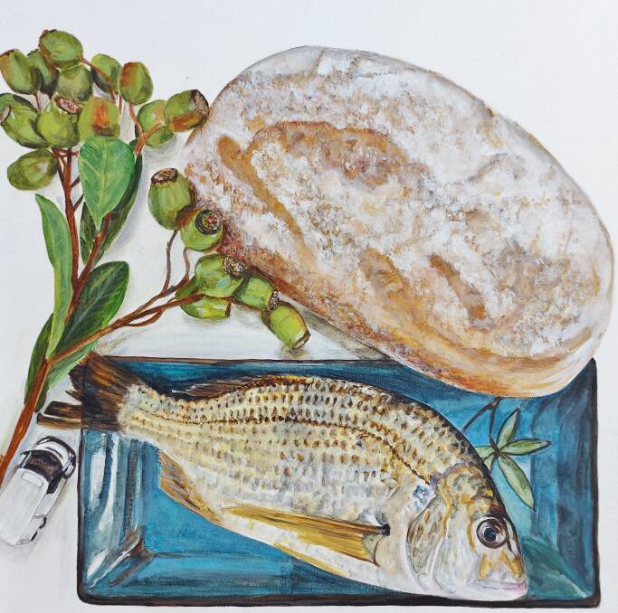 Jean Ballands' painting inspired by Burkhardt's Organic Bakery includes the bakery's signature sourdough.