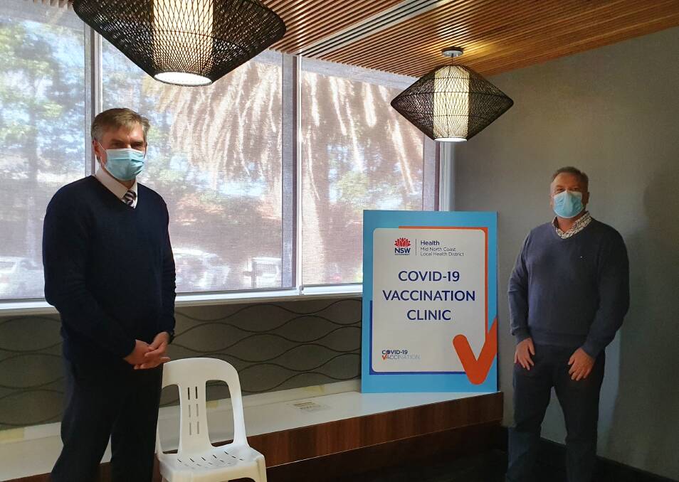 Convenient location: Mid North Coast Local Health District chief executive Stewart Dowrick and director of finance and asset management John Slaven inspect the new Port Macquarie COVID-19 vaccination clinic before it opens.