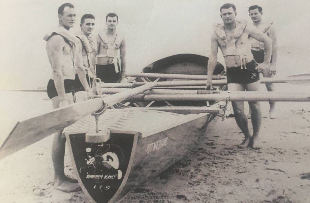 Denis Dick (second from left) pictured at the christening of a Port Macquarie Surf Lifesaving Club surfboat in 1959.