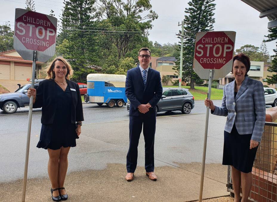 Road safety measure: Tacking Point Public School deputy principal Kelly Jordan, director educational leadership Hastings network Andrew Kuchling and Port Macquarie MP Leslie Williams look forward to welcoming the soon-to-be appointed school crossing supervisor.