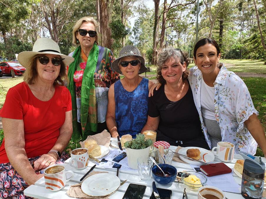Fundraiser: Shirley Thompson, Janet Geronomi, Libby Baker, Ann Kiehn and Katrina MacGibbon support the morning tea.