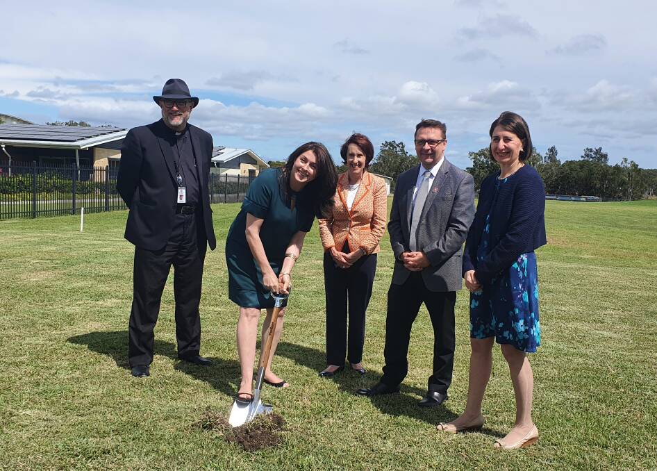 Milestone moment: St Agnes' Care & Lifestyle care and community services general manager Bronwyn Chalker turns the first sod on the project as parish priest Father Paul Gooley, Port Macquarie MP Leslie Williams, St Agnes' Catholic Parish CEO Adam Spencer and NSW Premier Gladys Berejiklian look on.