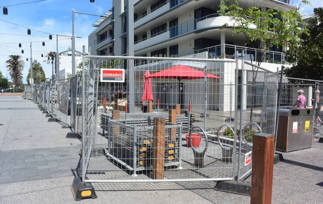 Project progress: Work has started to install permanent shade structures to replace umbrellas in the Town Square.