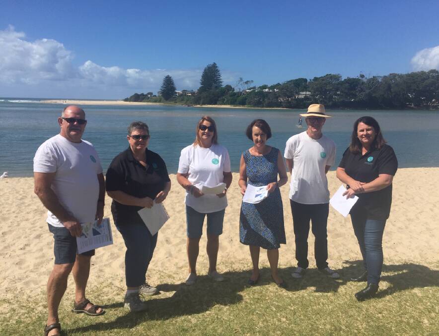 Facts and figures: Port Macquarie MP Leslie Williams (fourth from left) and Revive Lake Cathie members Bob Small, Kate Aston, Sue Jones, Peter Fitzroy and Danielle Maltman raise awareness about the fact sheet.