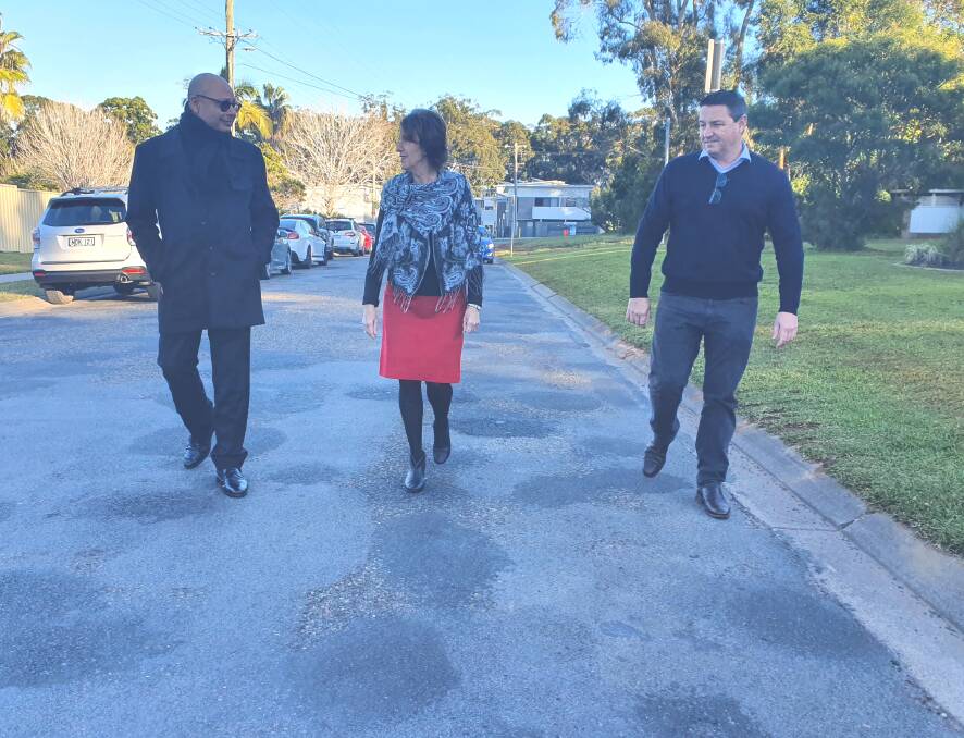 Much-needed project: Urology Centre director Associate Professor Prem Rashid, Port Macquarie MP Leslie Williams and Cowper MP Pat Conaghan inspect the patched road surface in Highfields Circuit.