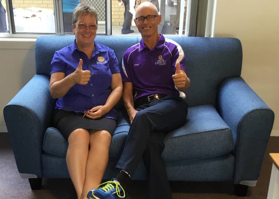 Helping hand: Rotary Lodge manager Paula Johnson and Hastings Cancer Trust fundraising coordinator Steve Thomas give the new sofas the thumbs up. A grant from Hastings Cancer Trust's 2017 funding round went towards new sofas at Rotary Lodge.