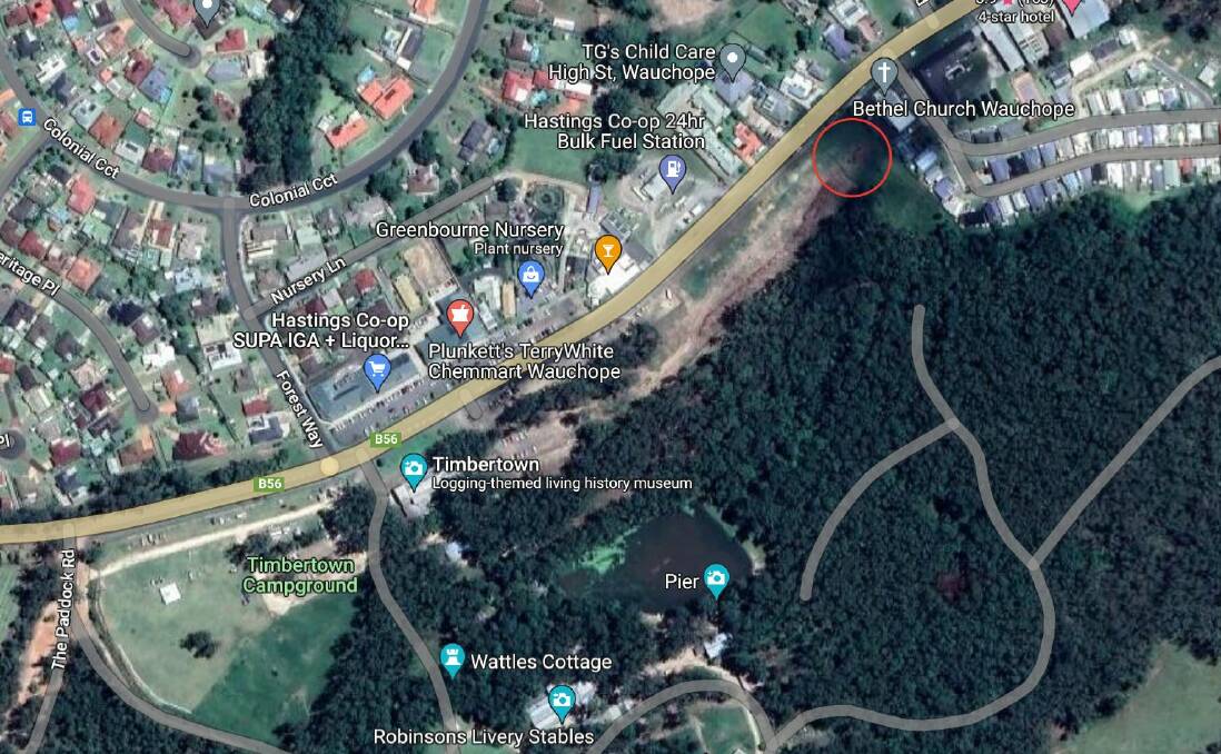 The red circle shows the site earmarked for the service station development at Wauchope. Picture, Google Maps
