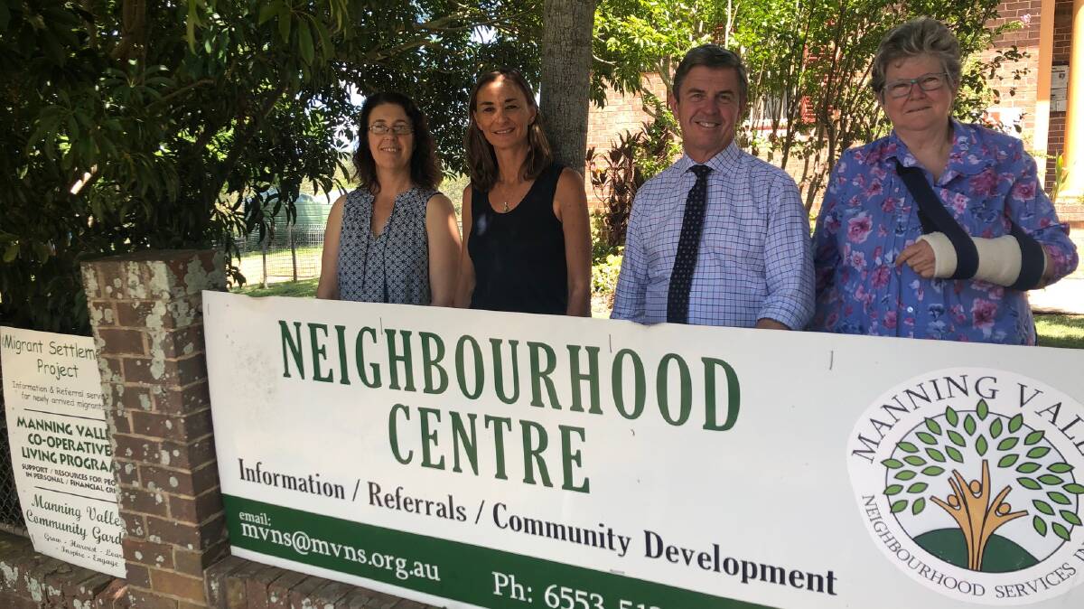Manning Valley Neighbourhood Services administration officer Kerrie McTaggart, migrant worker Jane O'Dwyer, Member for Lyne Dr David Gillespie, and MVNS chairperson Angela Pink. Photo: supplied