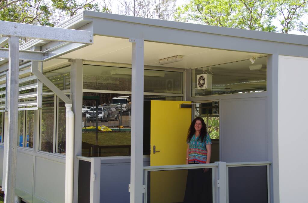 Shiny and new: Bobin Public School teacher, Sarah Parker stands at the entrance to the new demountable classroom. Photo: Julia Driscoll