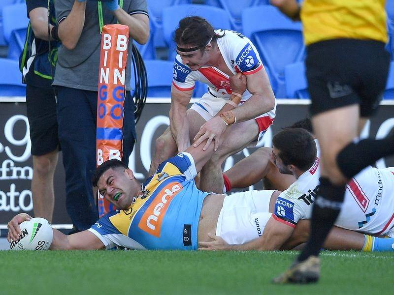 David Fifita of the Titans scores a try during his impressive afternoon against St George Illawarra.