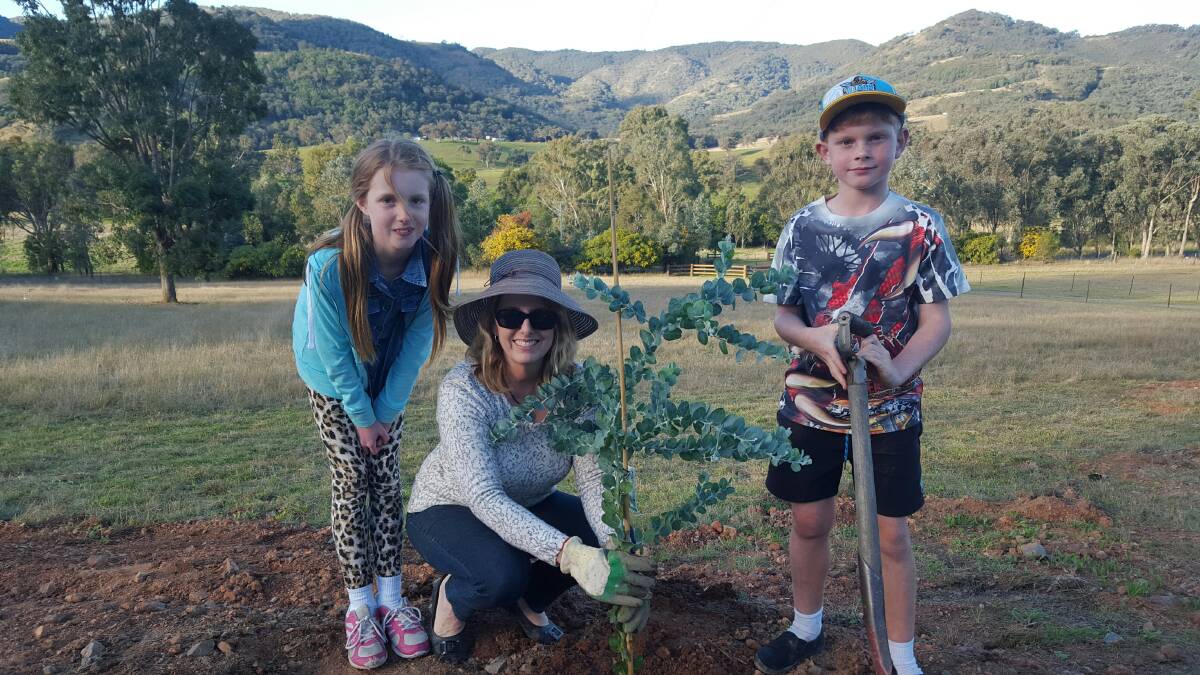 A lasting legacy: Alexandra, Alison and Jack planting a tree on their Dungowan property in honour of husband and father Glen.