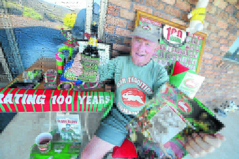 Bob Ezzy at his South Sydney Shrine. He's hoping to celebrate a premiership win on Sunday night after the grand final against Canterbury.